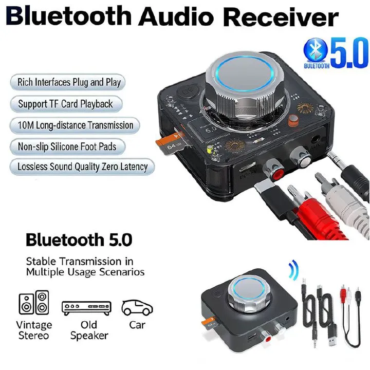 Bluetooth Receiver for Home Stereo, 3.5mm AUX/RCA,TF Card Slot,Car Systems，Wireless Bluetooth Audio Adapter Low Latency for Home Music Streaming Stereo System，Stereo Receiver with 3D Surround