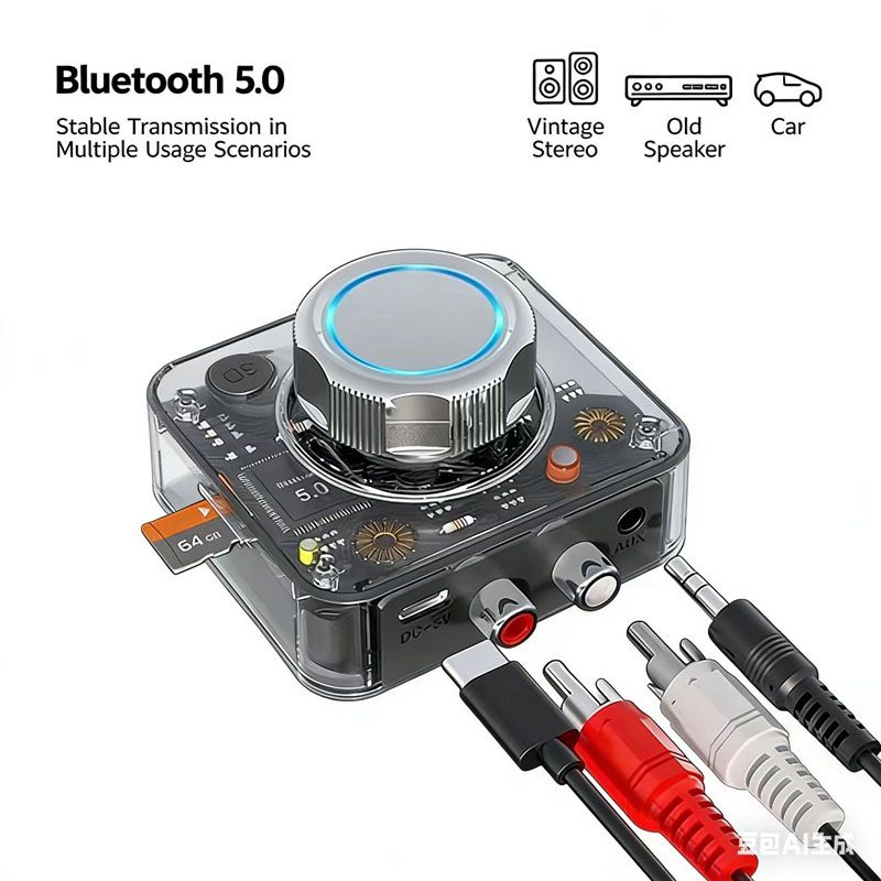 Bluetooth Receiver for Home Stereo, 3.5mm AUX/RCA,TF Card Slot,Car Systems，Wireless Bluetooth Audio Adapter Low Latency for Home Music Streaming Stereo System，Stereo Receiver with 3D Surround