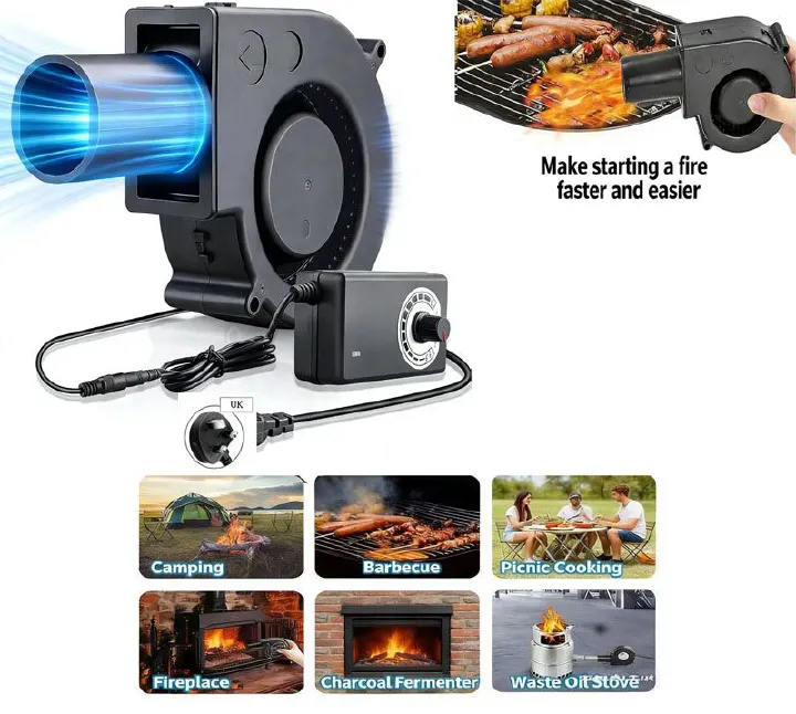 Brushless DC Blower Fan - High Airflow Variable Speed Controller,   Cooling Fan with with Air Collecting Adjustable Speed Cooking Tool ,BBQ Fan, Handheld Barbecue Blower Camping AC Powered Fan Variabl