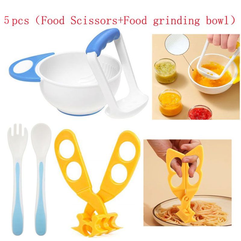 Baby Food Mash Bowl Food Scissors  Fruit Vegetable Puree Masher Bowl Hand Mash with Baby Feeding Set Feeding Dish Set with Spoons Baby Food Masher Set ，Helps Babies Transition to Solid Foods