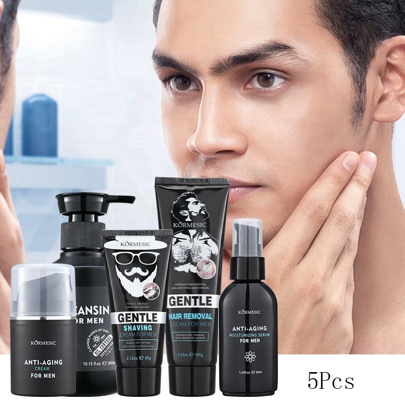Men Specialized  Skin Care Routine Set , Anti Aging Facial  Set 5pcs Skin Care Set With Specialized Cleanser, Serum, Shaving Cream, Hair Removal Cream, Moisturizer,  Skin Care For Men, Gift For Dad
