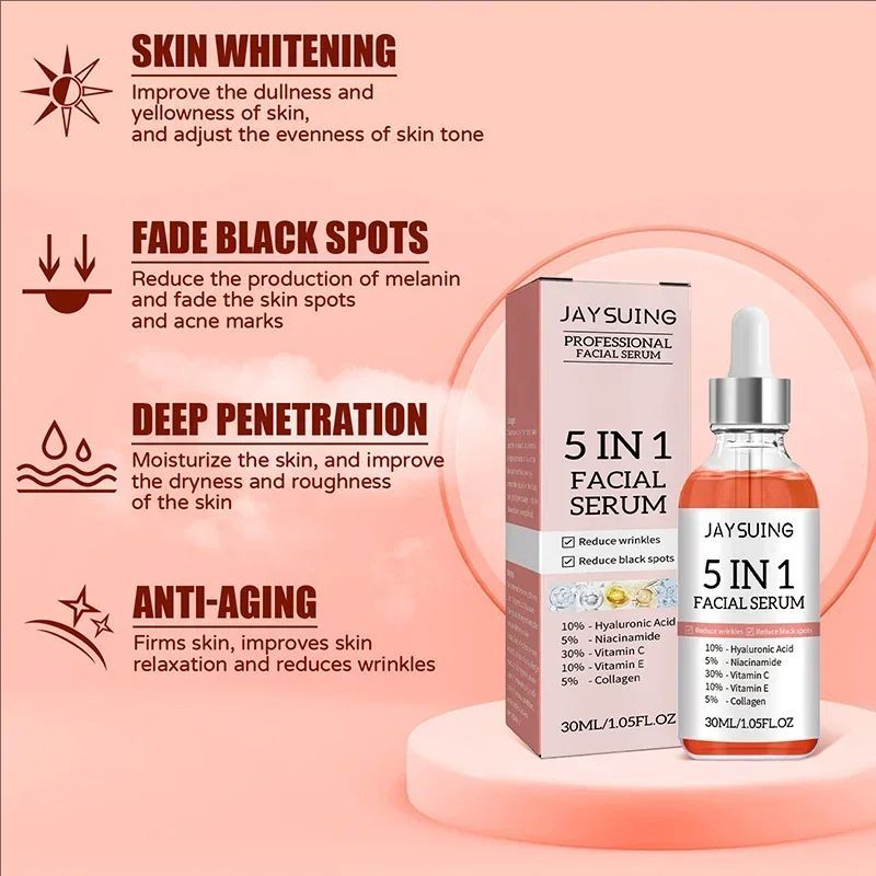 5 in 1 Anti-wrinkle Face Essence Moisturizing Firming Lightening Whitening Fade Acne Pimples Shrink Pores Skin Care 30ml