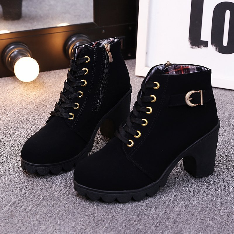 Ladies Bootie  high-heeled thick-heeled women boots lace-up short boots women's short boots Martin single  boots Girl shoes Fast delivery within 1-5 days