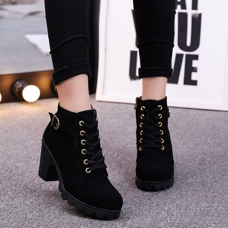 Ladies Bootie  high-heeled thick-heeled women boots lace-up short boots women's short boots Martin single  boots Girl shoes Fast delivery within 1-5 days
