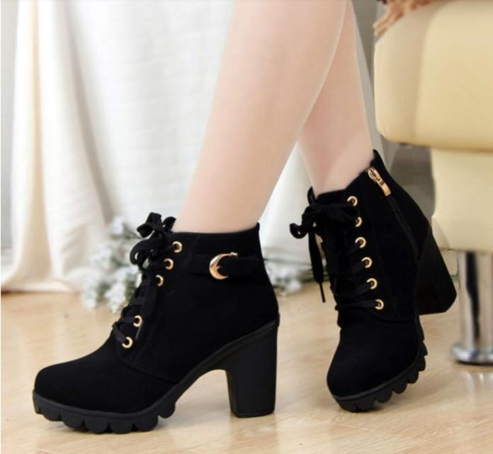 Ladies Bootie  high-heeled thick-heeled women boots lace-up short boots women's short boots Martin single  boots Girl shoes Fast delivery within 1-5 days