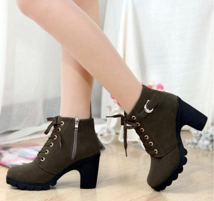 Ladies Bootie  high-heeled thick-heeled women boots lace-up short boots women's short boots Martin single  boots Girl shoes Fast delivery within 1-5 days