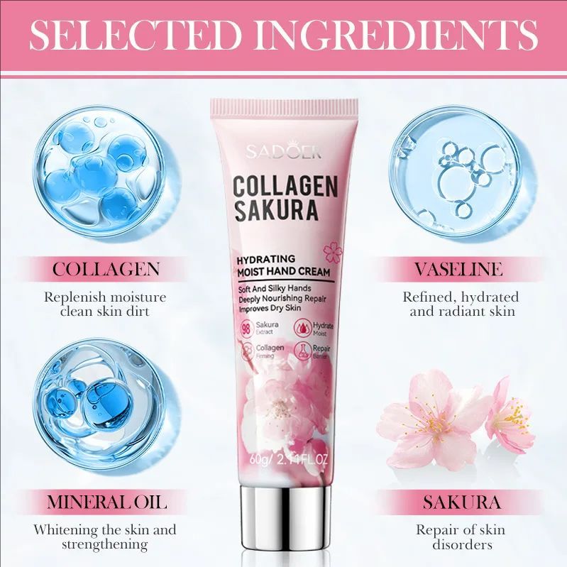 Sakura Collagen Hand Cream Hands Moisturizing Nourishing Brightening Hydrating Hands Creams Hand Skin Care Products
