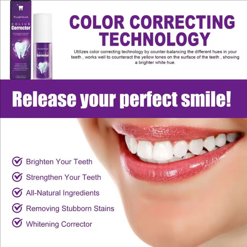 Purple Whitening Toothpaste Remove Stains Reduce Yellowing Teeth Color Correcting Brightening Repairing Fresh Breath Gums Care