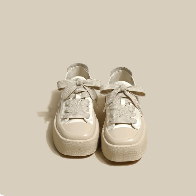 Women's Thick-Soled All-Match White Shoes Spring and Summer New Niche Low-Cut Square Toe Satin Casual Canvas Sneakers