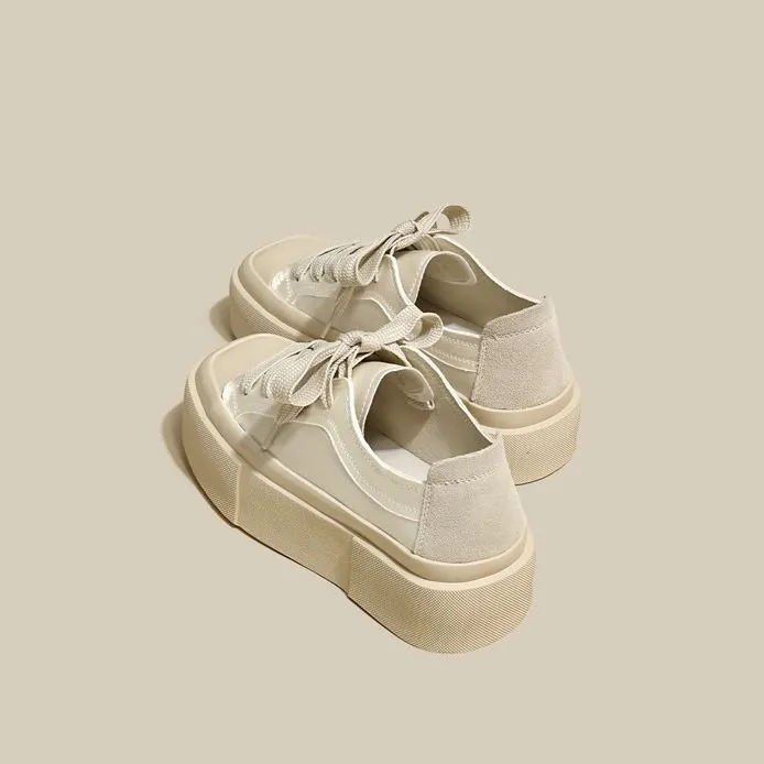 Women's Thick-Soled All-Match White Shoes Spring and Summer New Niche Low-Cut Square Toe Satin Casual Canvas Sneakers