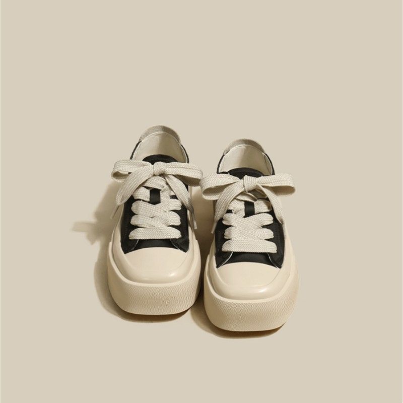 Women's Thick-Soled All-Match White Shoes Spring and Summer New Niche Low-Cut Square Toe Satin Casual Canvas Sneakers