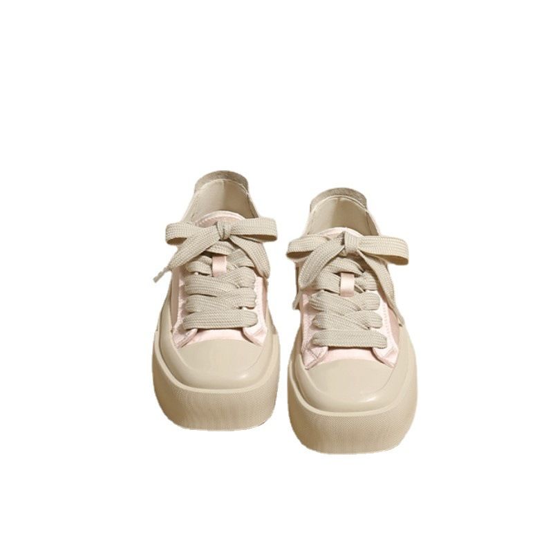 Women's Thick-Soled All-Match White Shoes Spring and Summer New Niche Low-Cut Square Toe Satin Casual Canvas Sneakers