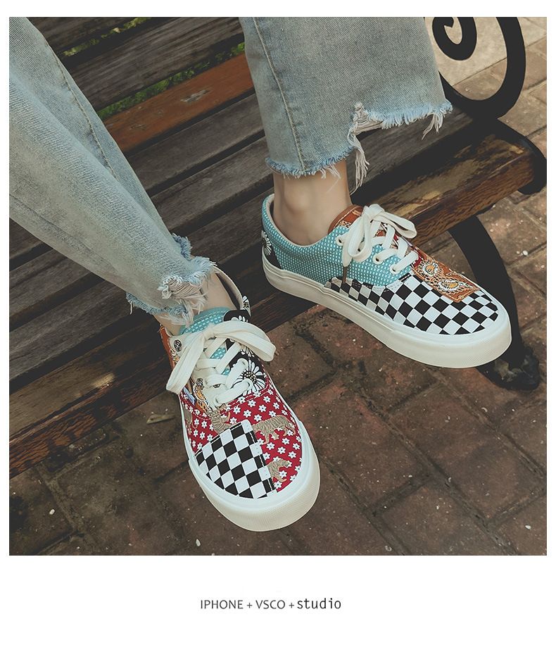 New Canvas Shoes Flower Chessboard Plaid Low-Top Couple Men's and Women's Shoes Retro Women's Board Shoes