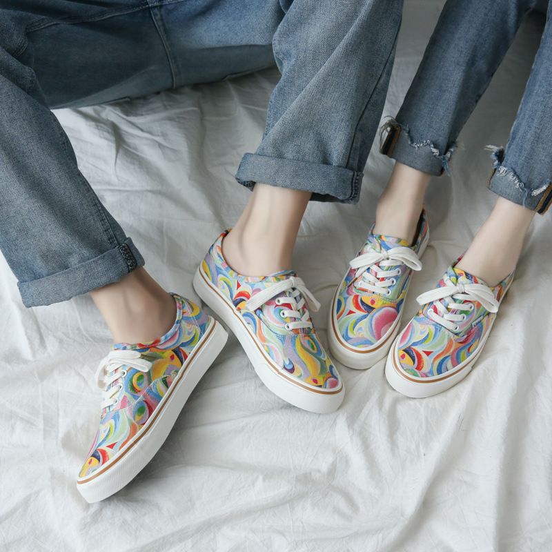 New Canvas Shoes Flower Chessboard Plaid Low-Top Couple Men's and Women's Shoes Retro Women's Board Shoes