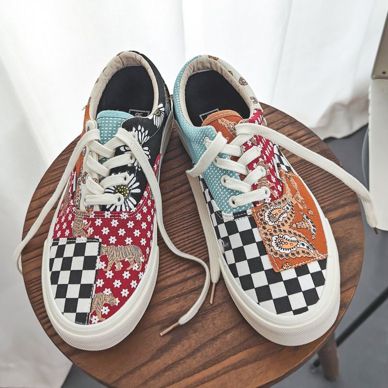 New Canvas Shoes Flower Chessboard Plaid Low-Top Couple Men's and Women's Shoes Retro Women's Board Shoes