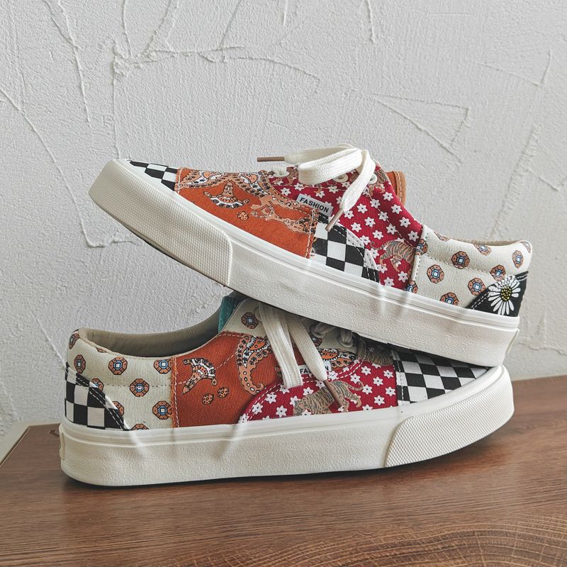 New Canvas Shoes Flower Chessboard Plaid Low-Top Couple Men's and Women's Shoes Retro Women's Board Shoes