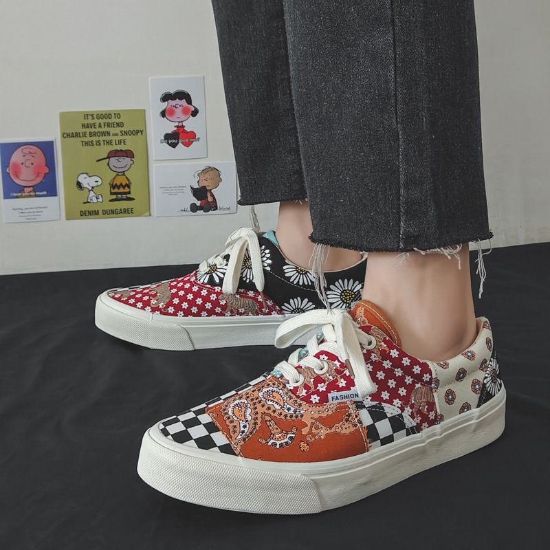 New Canvas Shoes Flower Chessboard Plaid Low-Top Couple Men's and Women's Shoes Retro Women's Board Shoes