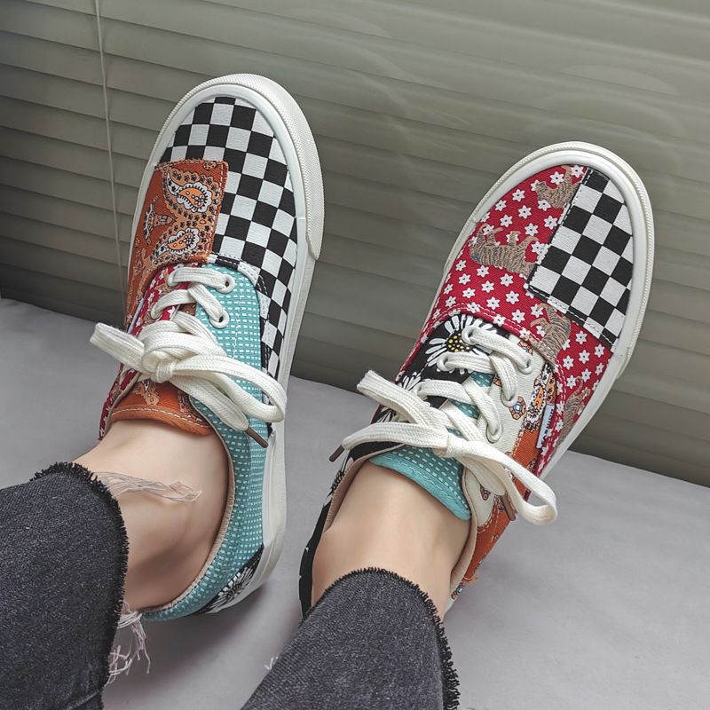 New Canvas Shoes Flower Chessboard Plaid Low-Top Couple Men's and Women's Shoes Retro Women's Board Shoes