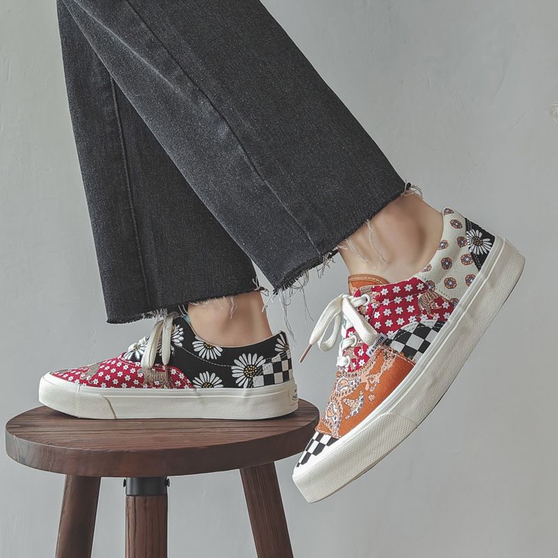 New Canvas Shoes Flower Chessboard Plaid Low-Top Couple Men's and Women's Shoes Retro Women's Board Shoes