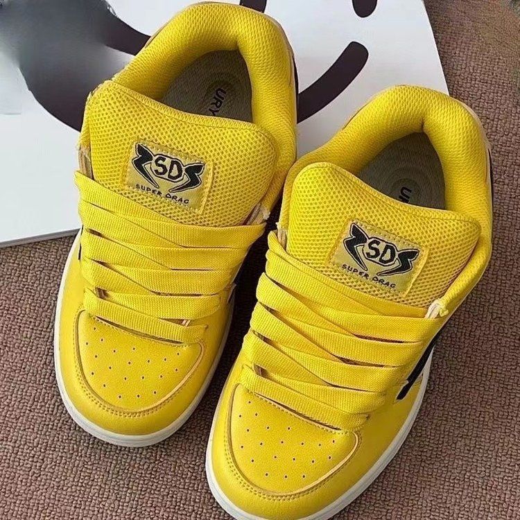 Original Yellow Lightning Bread Shoes for Women in S Trendy Versatile Splicing Low Top Skateboarding Shoes Retro Thick Bottom Casual Women's Shoes Sports Shoes