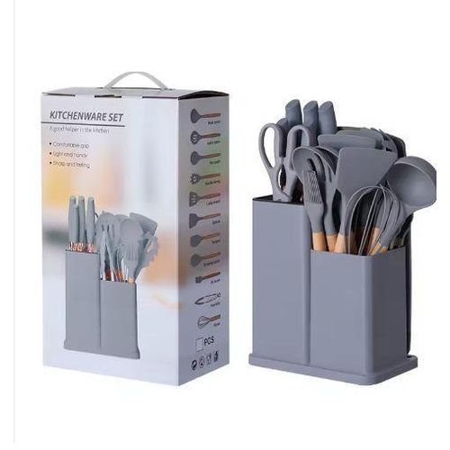 19Pcs ORIGINAL Kitchen Utensils Set with Holder, Large Silicone Cooking Utensils Set for Nonstick Cookware Wooden Handle Spatulas Silicone Heat Resistant Kitchen Gadgets Utensil Sets