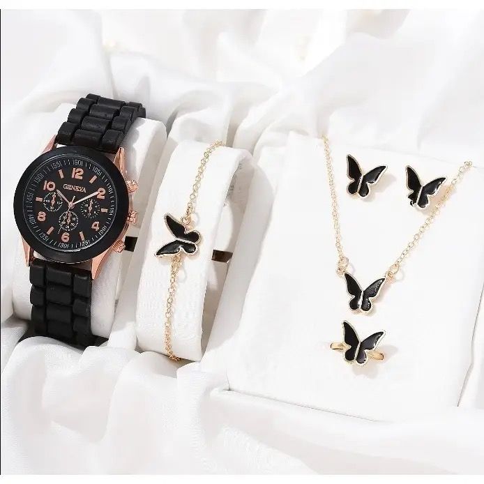 5PCS Set Luxury Watch Women Ring Necklace Earrings Rhinestone Wristwatch Female Casual Ladies Watches Bracelet Clock (No Box)