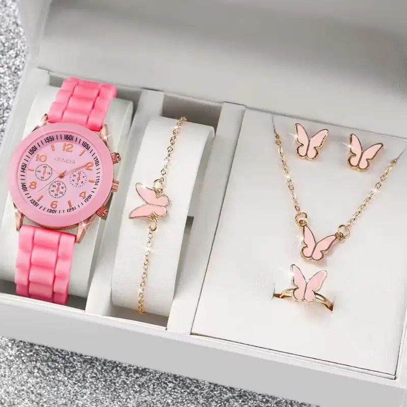 5PCS Set Luxury Watch Women Ring Necklace Earrings Rhinestone Wristwatch Female Casual Ladies Watches Bracelet Clock (No Box)