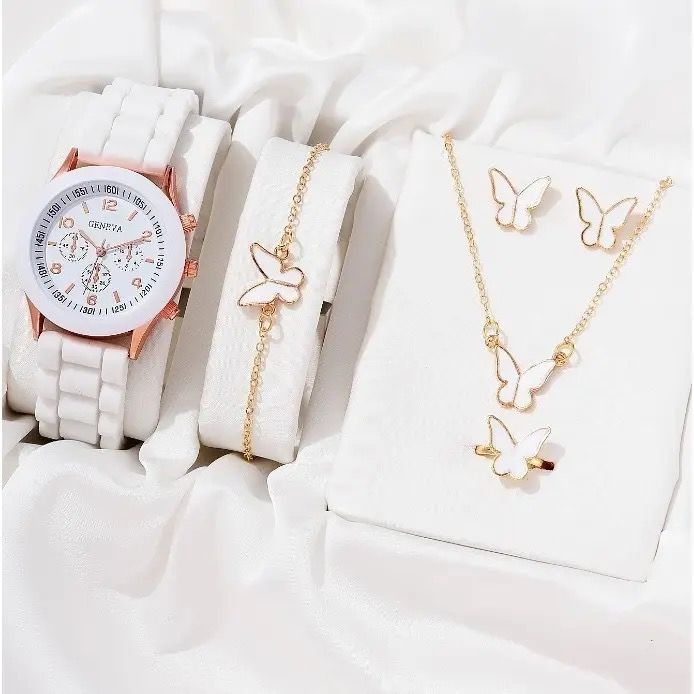 5PCS Set Luxury Watch Women Ring Necklace Earrings Rhinestone Wristwatch Female Casual Ladies Watches Bracelet Clock (No Box)
