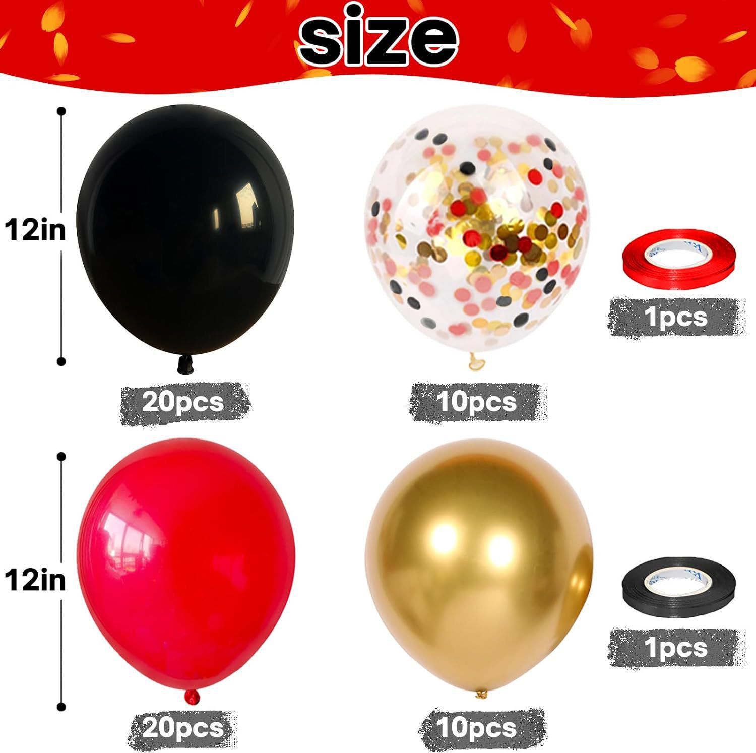 60pcs 12 inch  Red Black and Gold Latex Balloons Metallic Chrome Confetti Balloons for Birthday, Wedding, Graduation, New Year, Casino Theme Party Decoration
