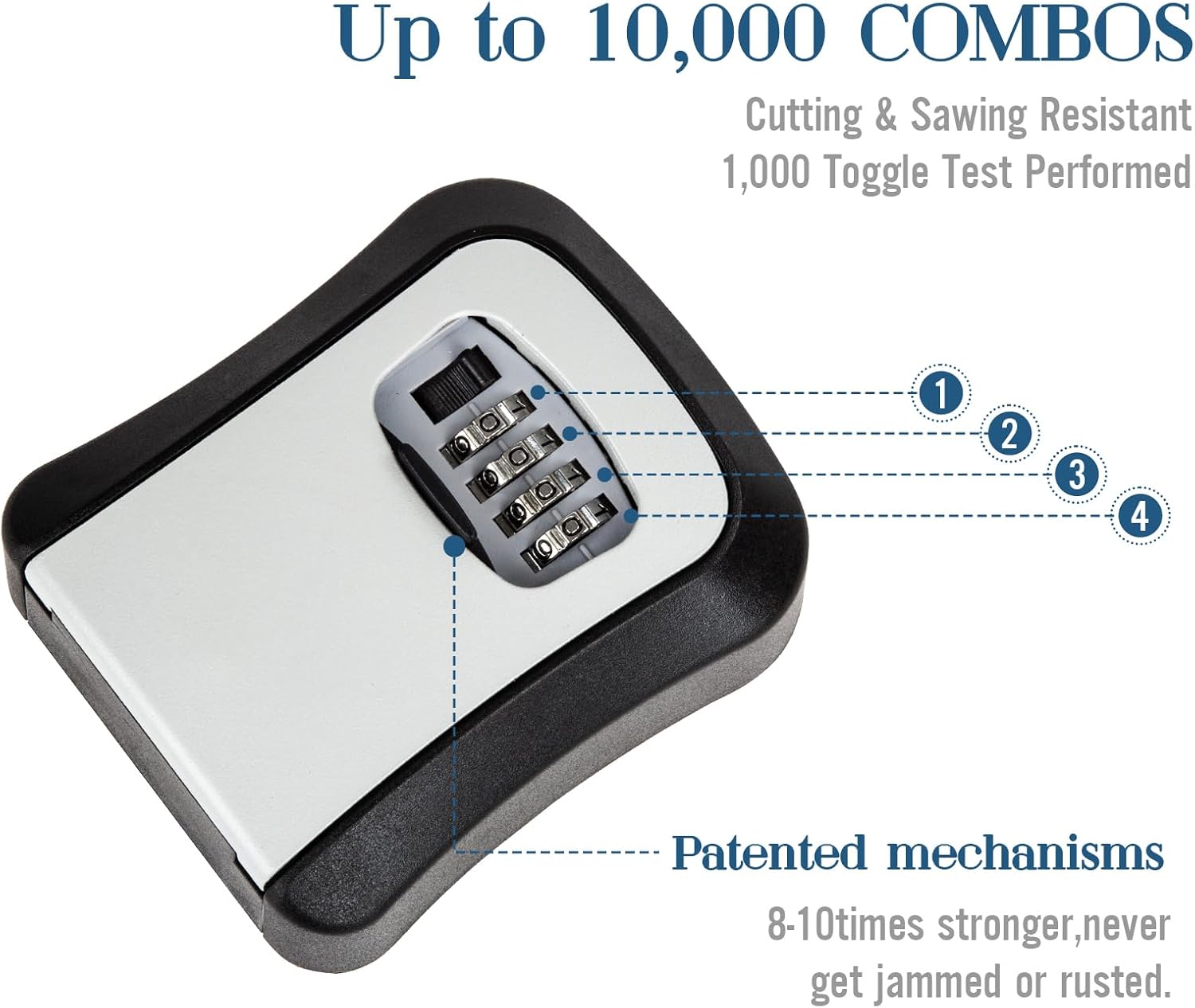 Key Lock Box Wall Mounted, 4 Digit Combination Lockbox for Outside, House Keys - 5 Keys Capacity, Key Safe Security Storage Lock Box for Indoor, Outdoor, Garage, Garden, Store