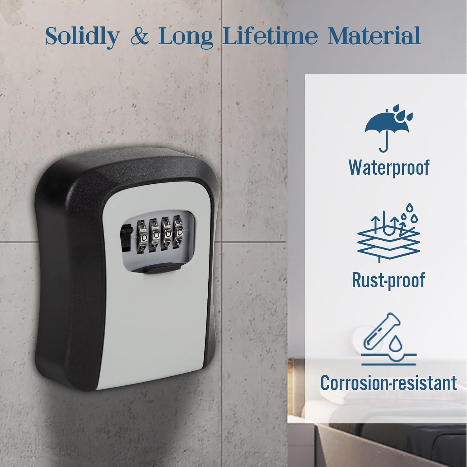 Key Lock Box Wall Mounted, 4 Digit Combination Lockbox for Outside, House Keys - 5 Keys Capacity, Key Safe Security Storage Lock Box for Indoor, Outdoor, Garage, Garden, Store