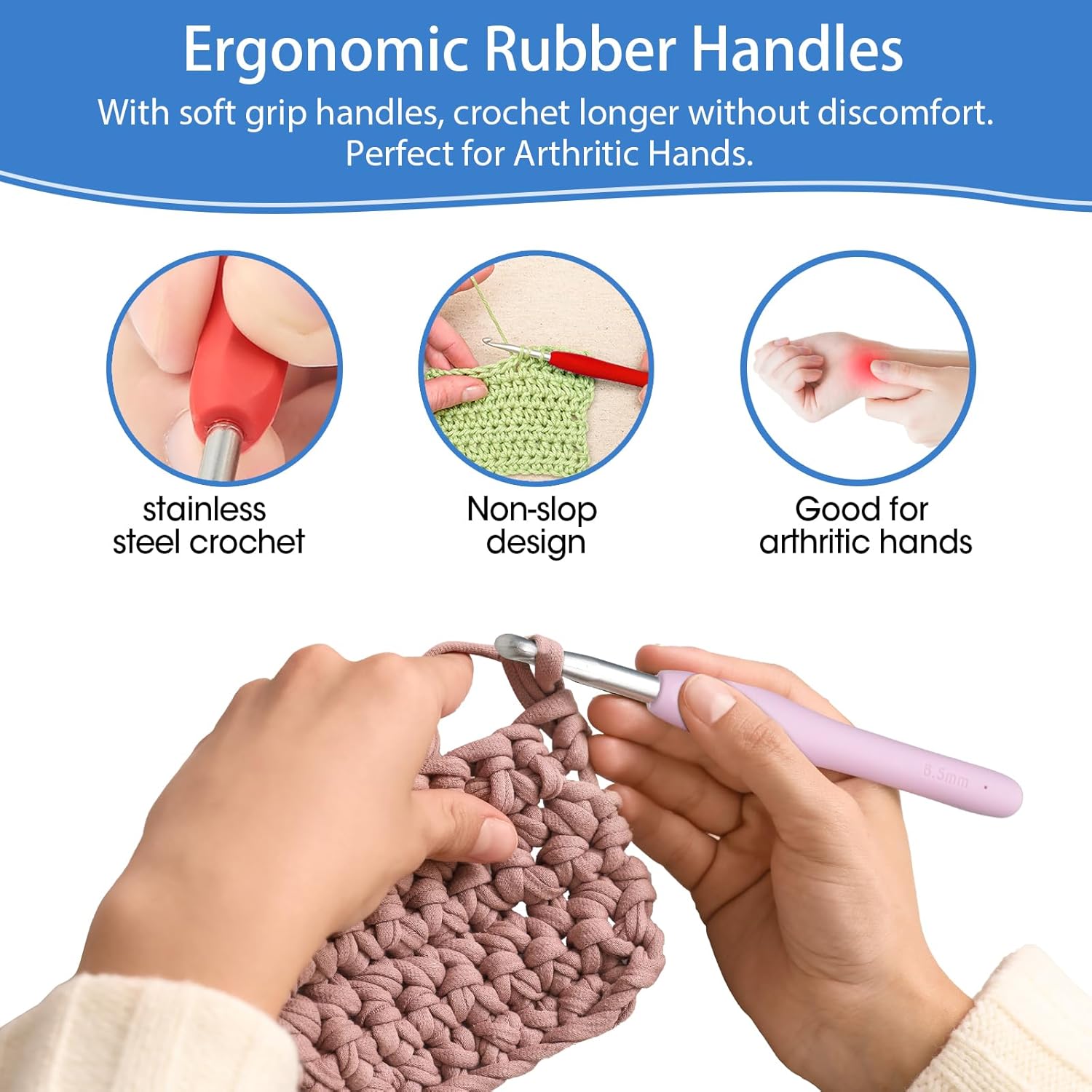 Crochet Hooks Set, 12 Pcs Full Size Crochet Hook, Ergonomic Soft Grip Rubber Handles, Crochet Kits for Beginners Adults, Sister Gift, Crochet Hooks with Case
