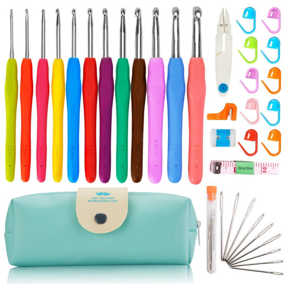 Crochet Hooks Set, 12 Pcs Full Size Crochet Hook, Ergonomic Soft Grip Rubber Handles, Crochet Kits for Beginners Adults, Sister Gift, Crochet Hooks with Case