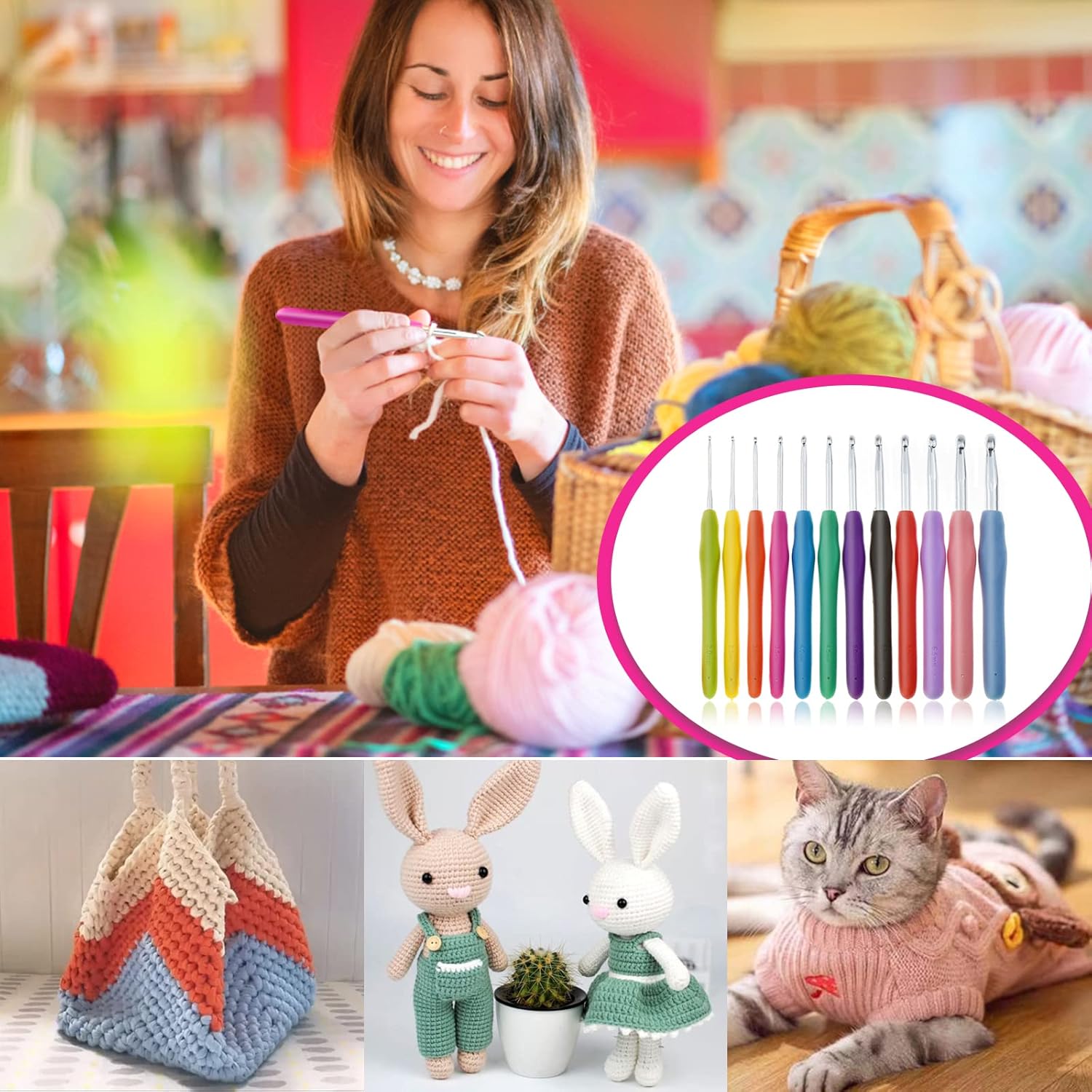 Crochet Hooks Set, 12 Pcs Full Size Crochet Hook, Ergonomic Soft Grip Rubber Handles, Crochet Kits for Beginners Adults, Sister Gift, Crochet Hooks with Case