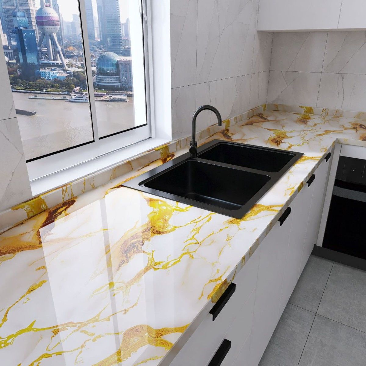 Marble Contact Paper for Countertops Cabinets Waterproof White Gold Marble Wallpaper Peel and Stick Countertops for Kitchen Removable Marble Wall Paper for Bathroom Desk
