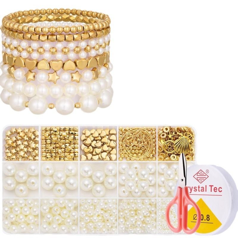 725Pcs Pearl Beads for Bracelets, Bracelet Making Kit for Adults, Kids Friendship Bracelet Kits, Jewelry Making Kit with String and Charms for Girls Teens DIY Pearls Kit for Bracelet Necklace Earring