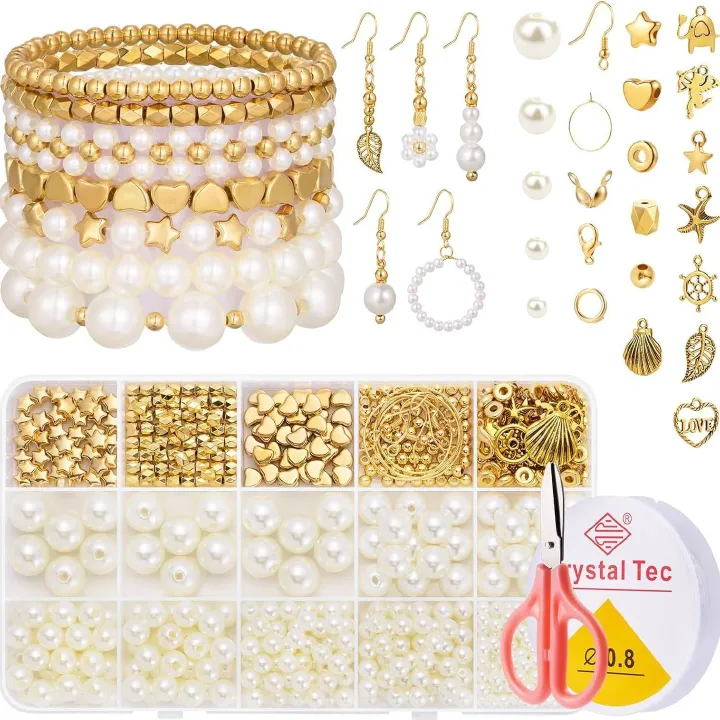 725Pcs Pearl Beads for Bracelets, Bracelet Making Kit for Adults, Kids Friendship Bracelet Kits, Jewelry Making Kit with String and Charms for Girls Teens DIY Pearls Kit for Bracelet Necklace Earring