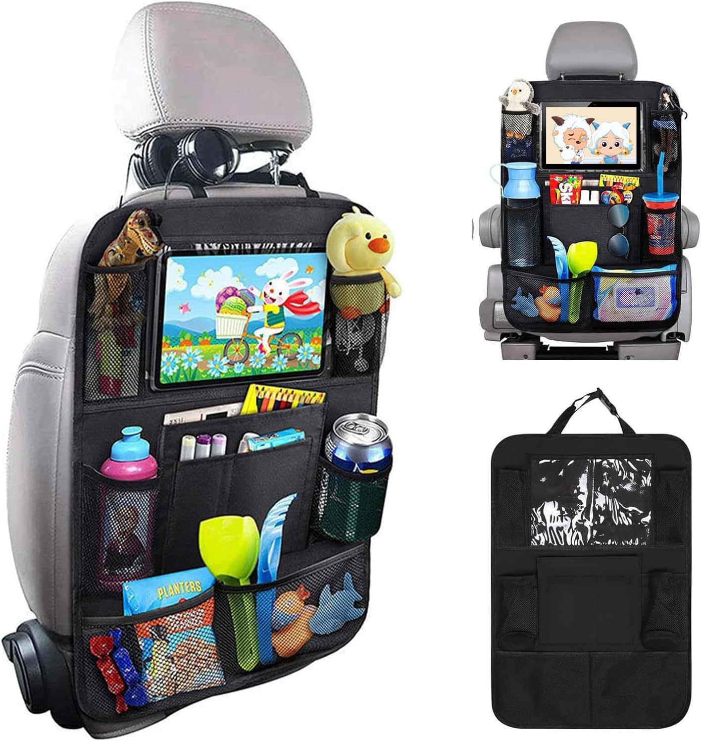 Backseat Car Organizer Car Organizer Back Seat with 9 Storage Pockets & 10″ Tablet Holder, 1Pack Seat Back Cover for Kids Toddlers, Kick Mats Protector, Keep Cars Vehicles Organized & Tidy, Travel Acc