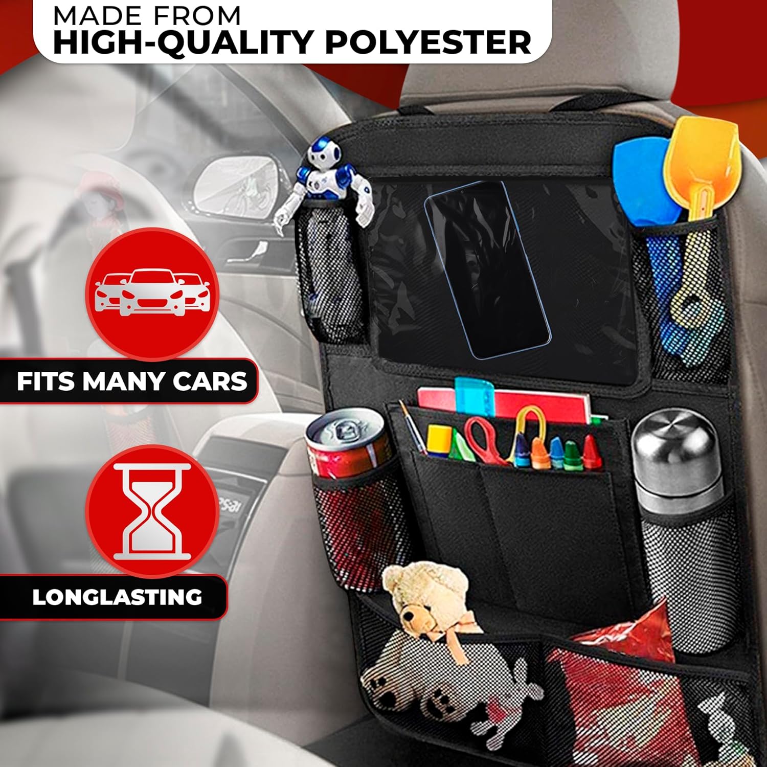 Backseat Car Organizer Car Organizer Back Seat with 9 Storage Pockets & 10″ Tablet Holder, 1Pack Seat Back Cover for Kids Toddlers, Kick Mats Protector, Keep Cars Vehicles Organized & Tidy, Travel Acc