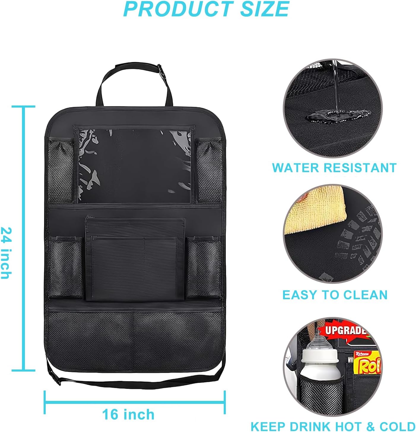 Backseat Car Organizer Car Organizer Back Seat with 9 Storage Pockets & 10″ Tablet Holder, 1Pack Seat Back Cover for Kids Toddlers, Kick Mats Protector, Keep Cars Vehicles Organized & Tidy, Travel Acc