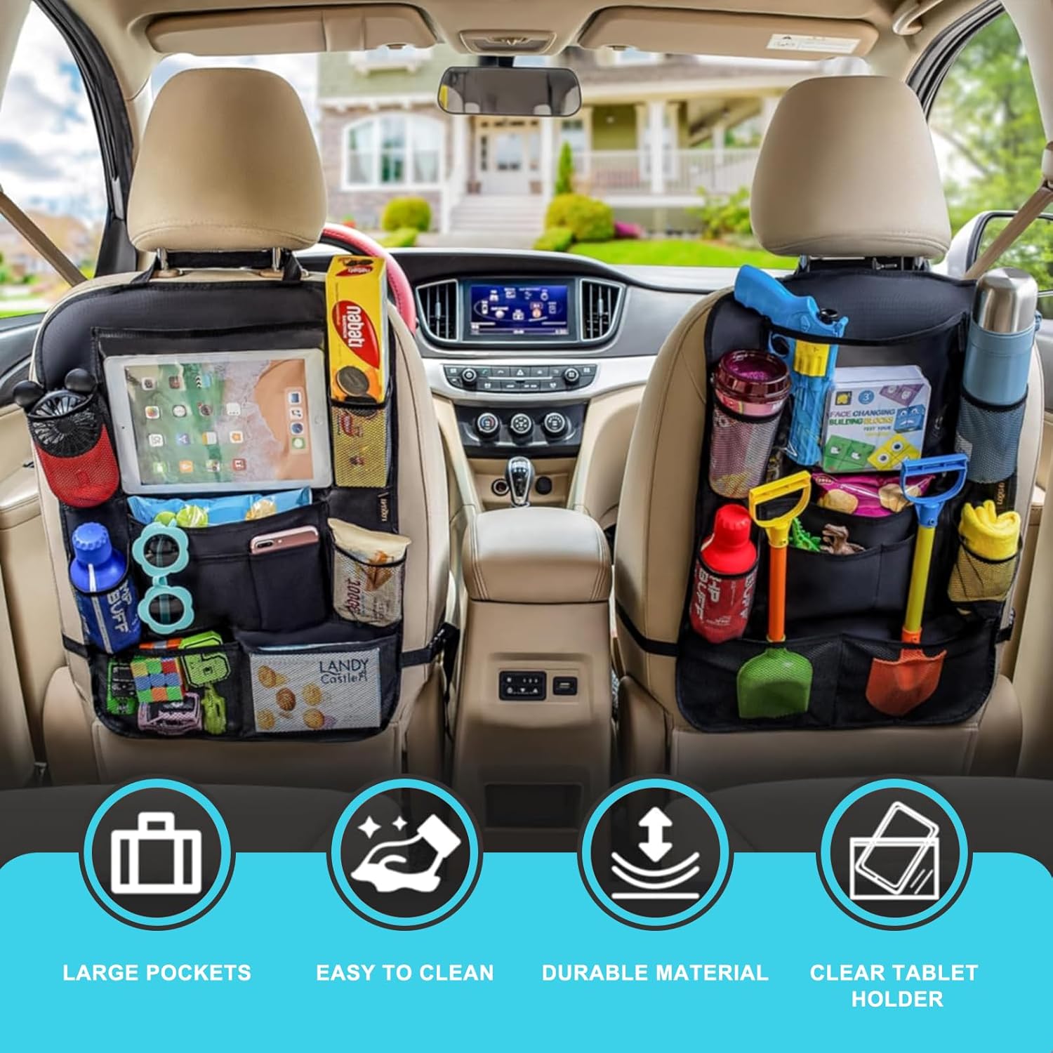 Backseat Car Organizer Car Organizer Back Seat with 9 Storage Pockets & 10″ Tablet Holder, 1Pack Seat Back Cover for Kids Toddlers, Kick Mats Protector, Keep Cars Vehicles Organized & Tidy, Travel Acc