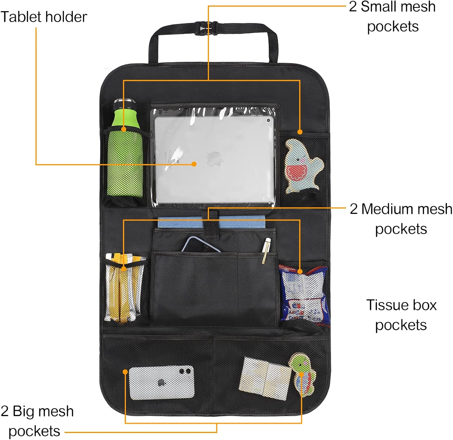 Backseat Car Organizer Car Organizer Back Seat with 9 Storage Pockets & 10″ Tablet Holder, 1Pack Seat Back Cover for Kids Toddlers, Kick Mats Protector, Keep Cars Vehicles Organized & Tidy, Travel Acc