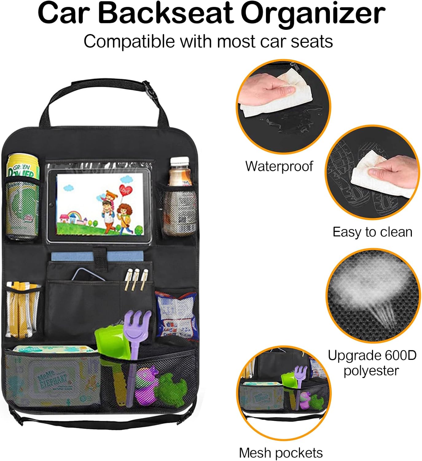 Backseat Car Organizer Car Organizer Back Seat with 9 Storage Pockets & 10″ Tablet Holder, 1Pack Seat Back Cover for Kids Toddlers, Kick Mats Protector, Keep Cars Vehicles Organized & Tidy, Travel Acc