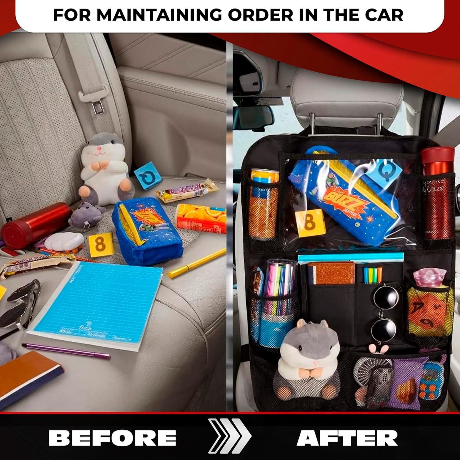 Backseat Car Organizer Car Organizer Back Seat with 9 Storage Pockets & 10″ Tablet Holder, 1Pack Seat Back Cover for Kids Toddlers, Kick Mats Protector, Keep Cars Vehicles Organized & Tidy, Travel Acc