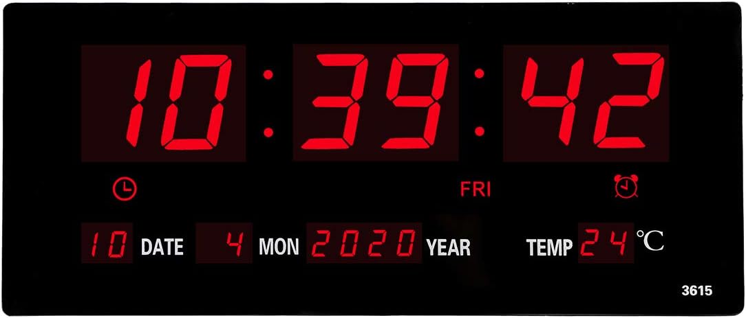 Oversized LED Digital Wall Clock/Calendar Large Display with Indoor Temperature Date and Day of Week,Electric Wall Mounted Desk Clock Timer,Red