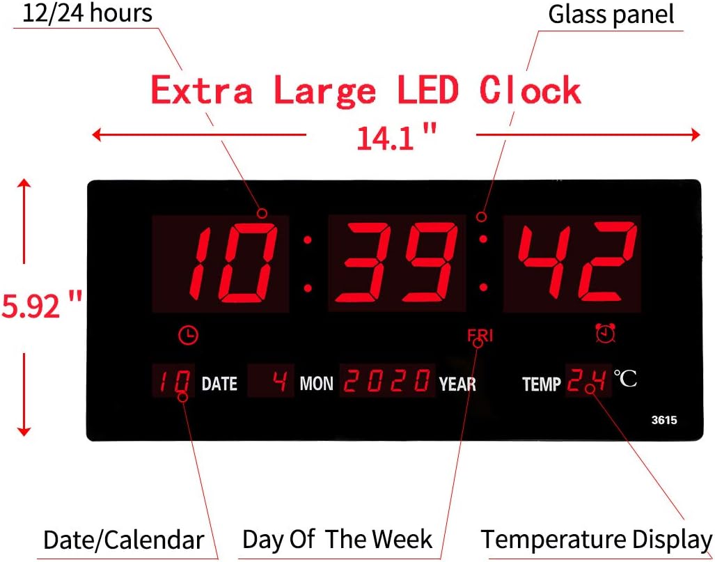 Oversized LED Digital Wall Clock/Calendar Large Display with Indoor Temperature Date and Day of Week,Electric Wall Mounted Desk Clock Timer,Red