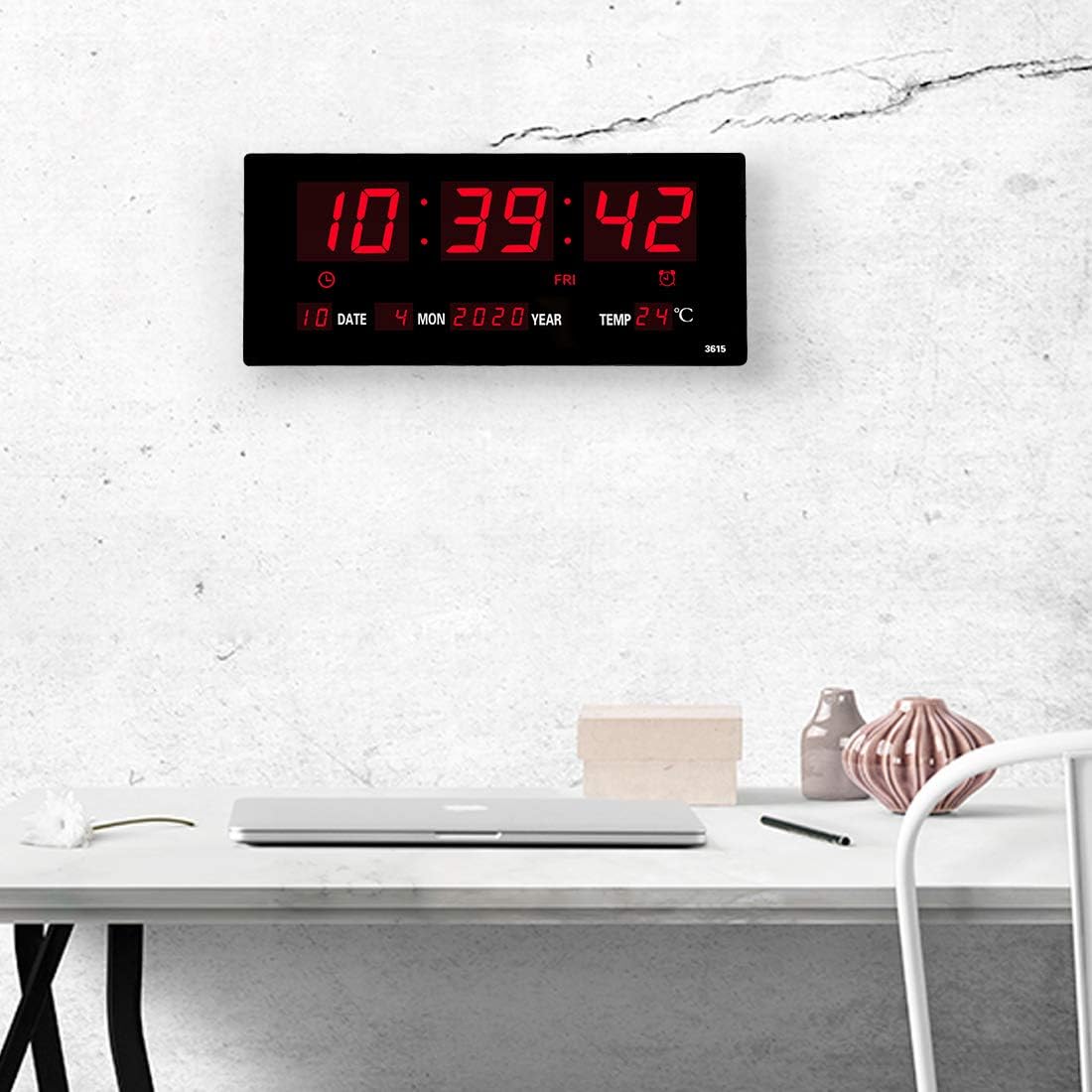 Oversized LED Digital Wall Clock/Calendar Large Display with Indoor Temperature Date and Day of Week,Electric Wall Mounted Desk Clock Timer,Red
