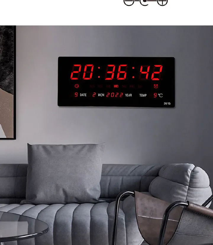 Oversized LED Digital Wall Clock/Calendar Large Display with Indoor Temperature Date and Day of Week,Electric Wall Mounted Desk Clock Timer,Red