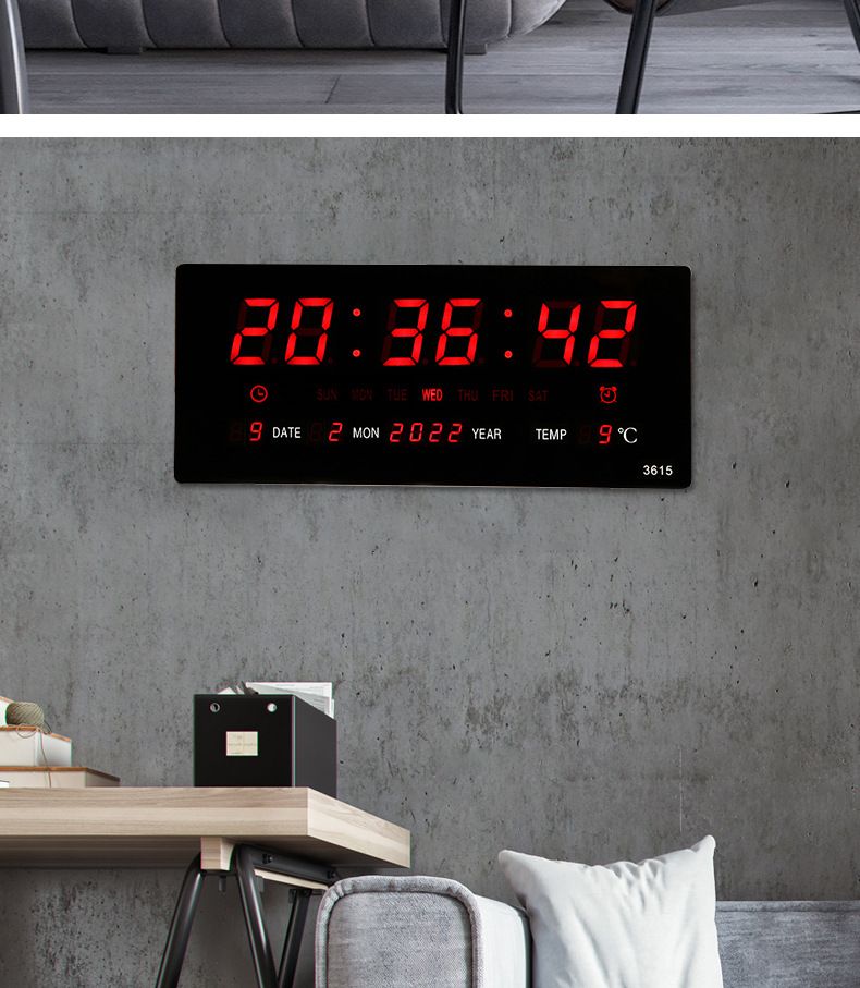 Oversized LED Digital Wall Clock/Calendar Large Display with Indoor Temperature Date and Day of Week,Electric Wall Mounted Desk Clock Timer,Red