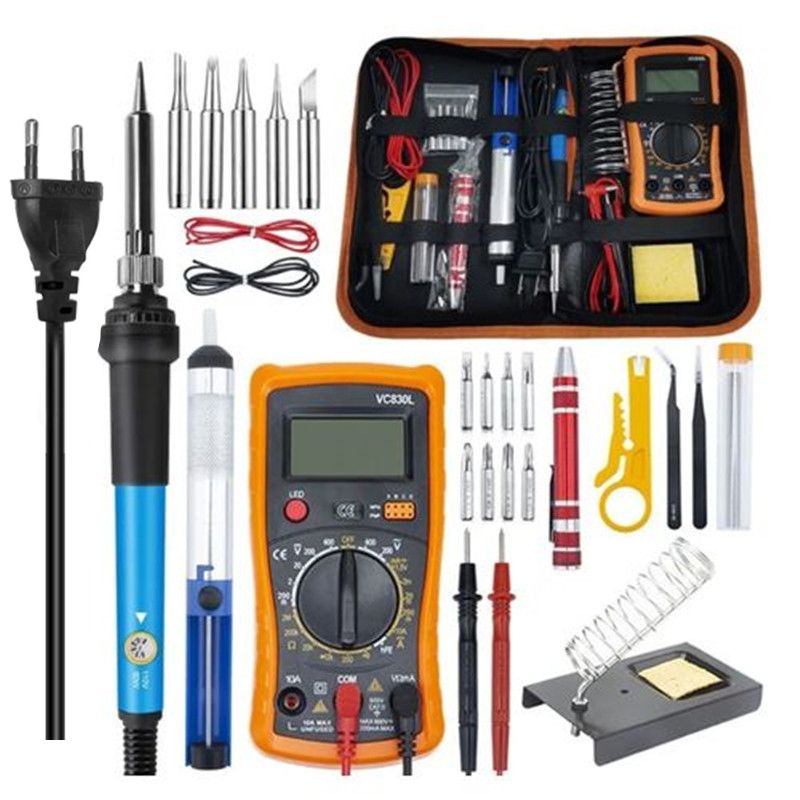 Electric Sodering Iron Kit set  60W Adjustable Temperature Soldering Iron Digital Multimeter Soldering Tips Solder Wire Stand, Desoldering Pump Tweezers Welding Tool Screwdriver wire stripper